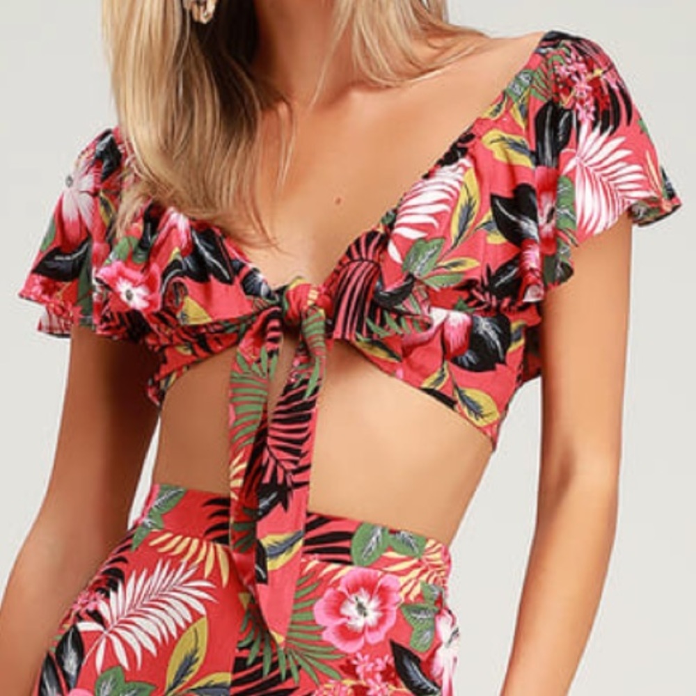 Lulus Passport To Paradise Floral Ruffle Crop Top